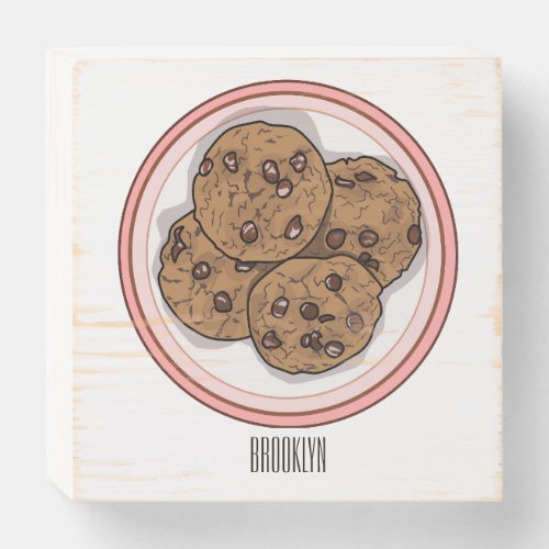 Chocolate chip cookie cartoon illustration  wooden box sign