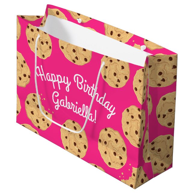 Chocolate Chip Cookie Kids 1st Birthday Party Pink Large Gift Bag (Front Angled)