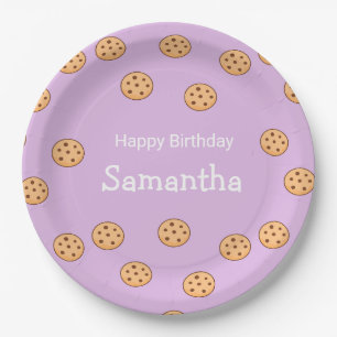 Chocolate chip cookies birthday purple  paper plates