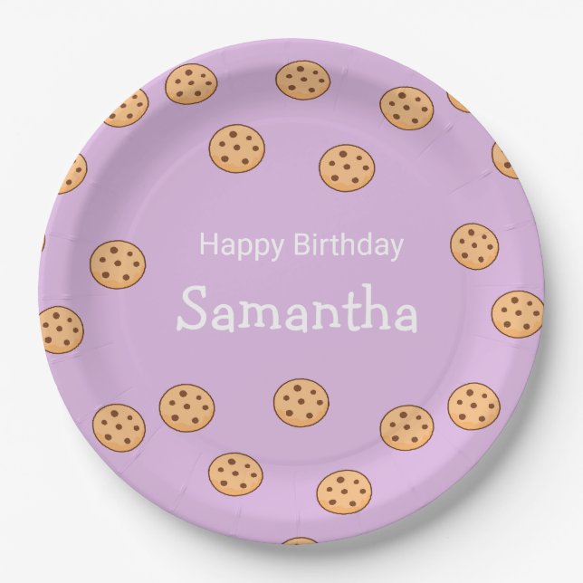 Chocolate chip cookies birthday purple  paper plates (Front)