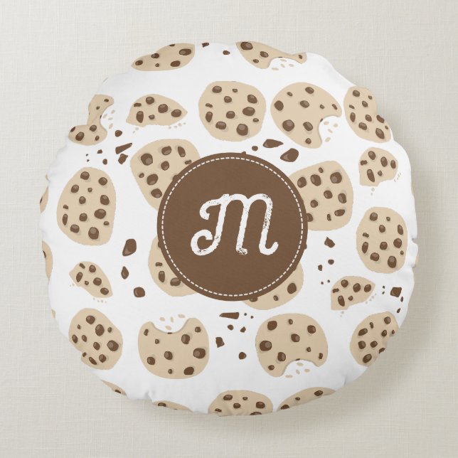 Chocolate Chip Cookies Pattern Monogram Round Pillow (Front)