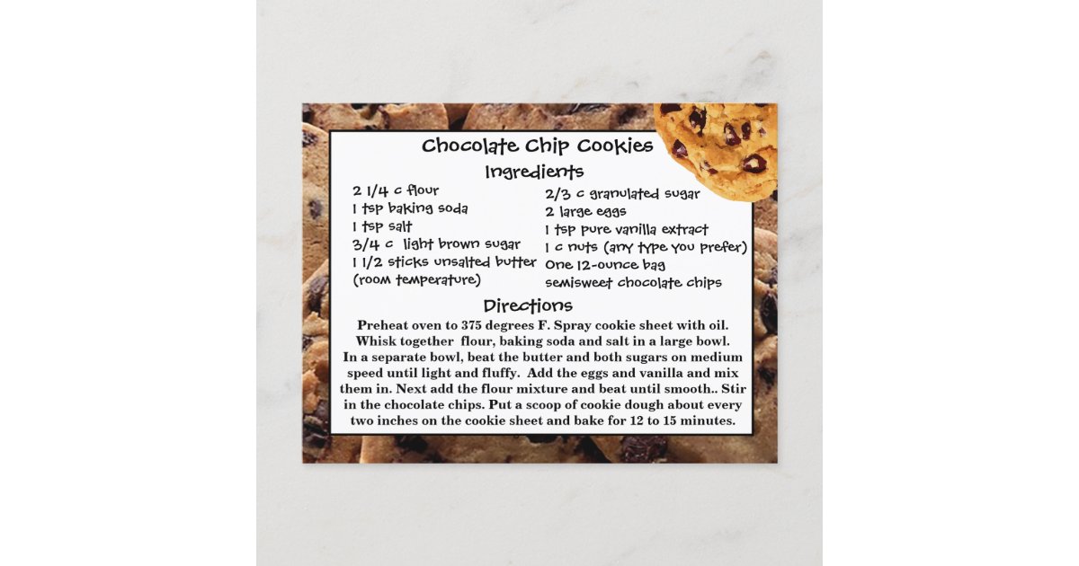 Chocolate Chip Cookies Recipe Card  Postcard