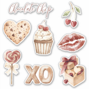 Chocolate Chip Heart Cookie Cherries Cupcake XO Sticker