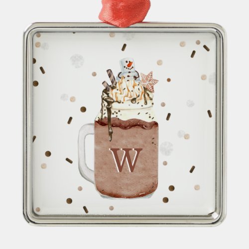 Chocolate Christmas Snowman Milkshake Monogram Metal Ornament