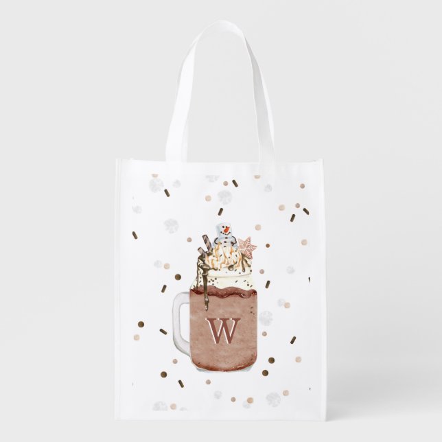 Chocolate Christmas Snowman Milkshake Monogram Tot Grocery Bag (Front)