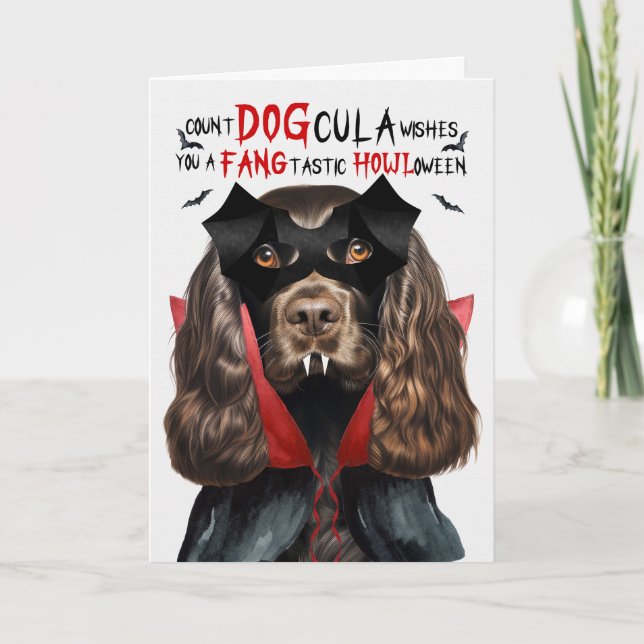 Chocolate Cocker Dog Funny Count DOGcula Halloween Holiday Card (Front)