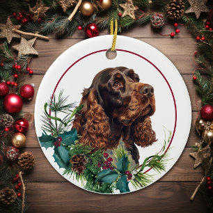 Chocolate Cocker Spaniel Evergreen Berry Wreath Ceramic Ornament
