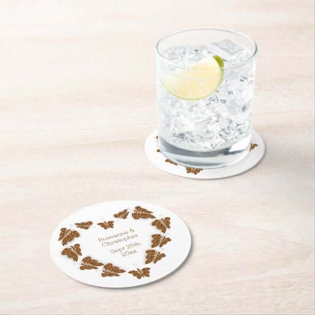 Chocolate Coloured Butterflies Design Wedding Round Paper Coaster (Insitu)