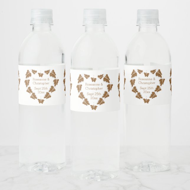 Chocolate Coloured Butterflies Design Wedding Water Bottle Label (Bottles)