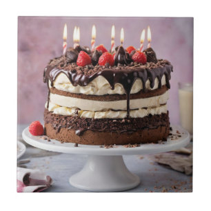 Chocolate Cream Birthday Cake With Strawberries, Ceramic Tile