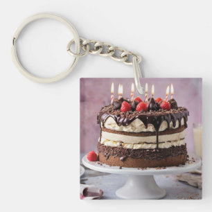 Chocolate Cream Birthday Cake With Strawberries, Keychain