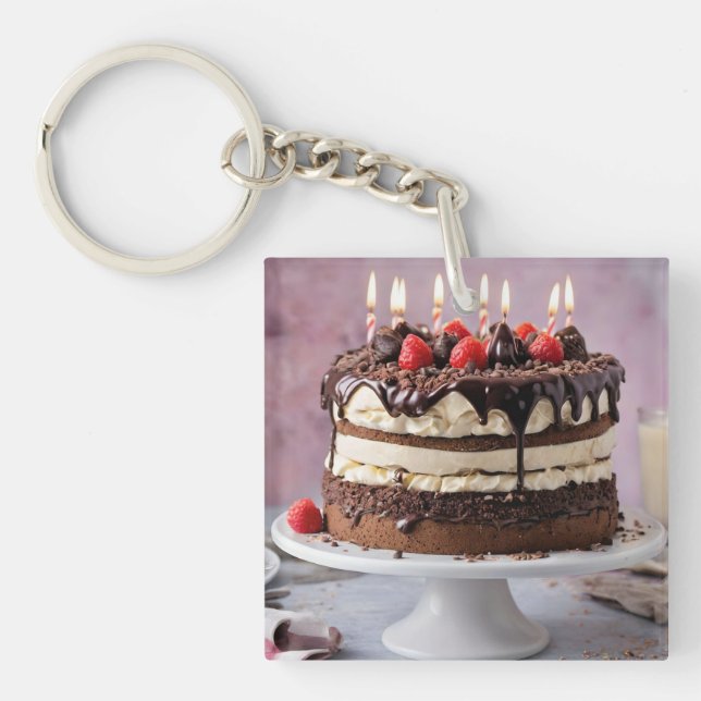 Chocolate Cream Birthday Cake With Strawberries,  Keychain (Front)