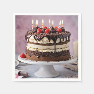 Chocolate Cream Birthday Cake With Strawberries,  Napkins