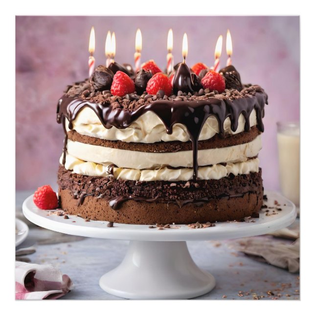 Chocolate Cream Birthday Cake With Strawberries,  Photo Print (Front)