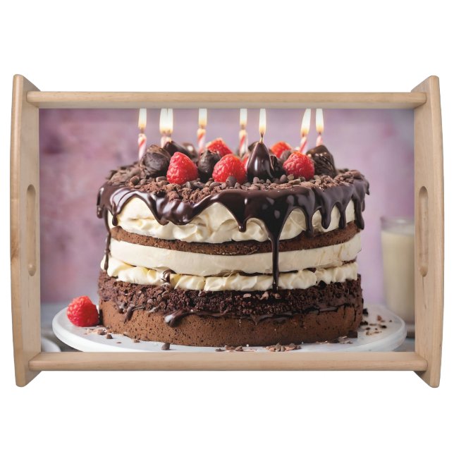 Chocolate Cream Birthday Cake With Strawberries,  Serving Tray (Front)