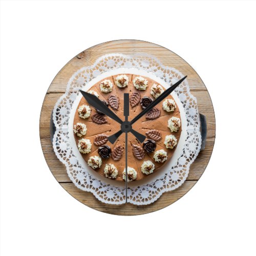 Chocolate cream pie on rustic wood cake top round clocks