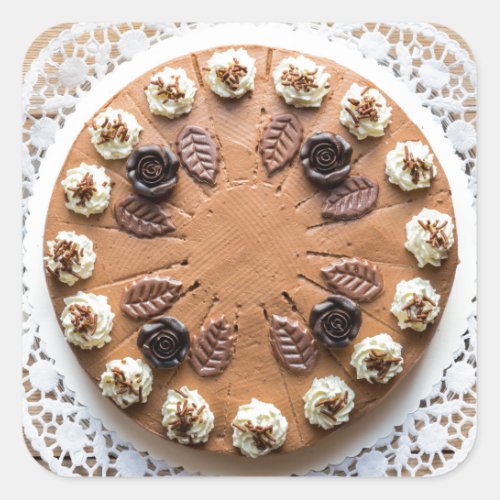 Chocolate cream pie on rustic wood cake top square sticker