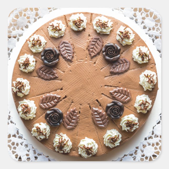 Chocolate cream pie on rustic wood cake top square sticker (Front)