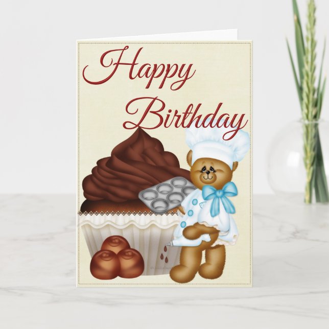 Chocolate Cupcake Bear Baker Happy Birthday Card (Front)