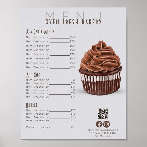 Chocolate Cupcake Gray Menu Bakery Price List Poster