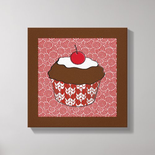 Chocolate Cupcake on Red and White Pattern Canvas Print