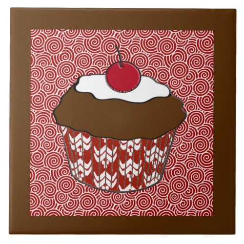 Chocolate Cupcake on Red and White Pattern Ceramic Tile