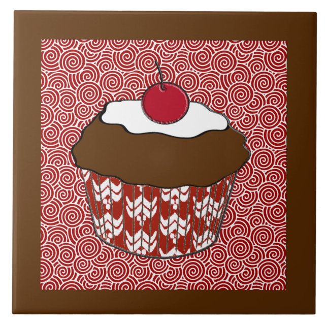 Chocolate Cupcake on Red and White Pattern Ceramic Tile (Front)