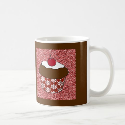 Chocolate Cupcake on Red and White Pattern Coffee Mug