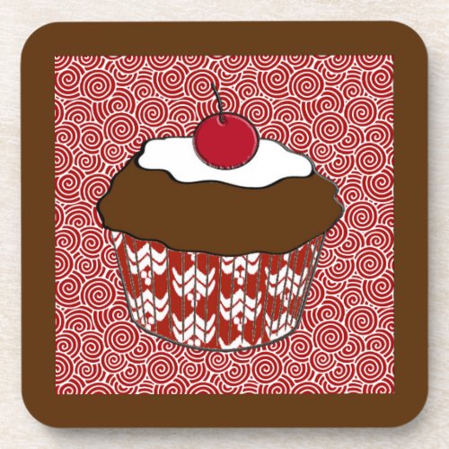 Chocolate Cupcake on Red and White Pattern Drink Coaster