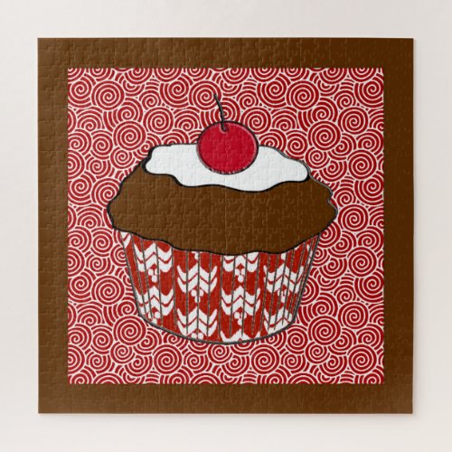 Chocolate Cupcake on Red and White Pattern Jigsaw Puzzle