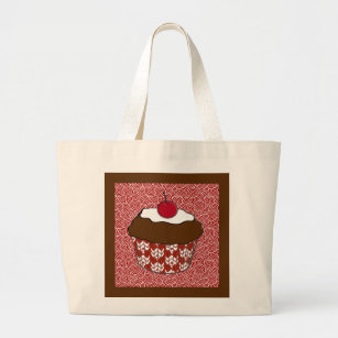 Chocolate Cupcake on Red and White Pattern Large Tote Bag