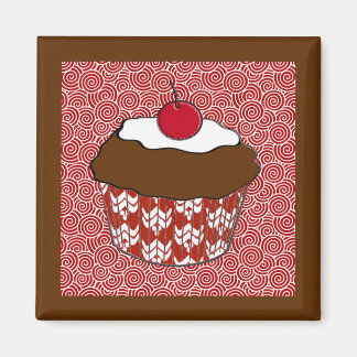 Chocolate Cupcake on Red and White Pattern  Magnet