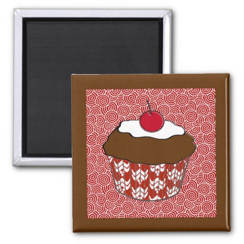 Chocolate Cupcake on Red and White Pattern  Magnet