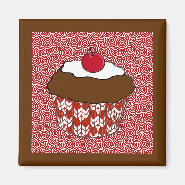 Chocolate Cupcake on Red and White Pattern  Magnet (Front)
