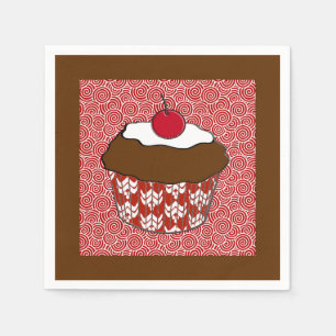 Chocolate Cupcake on Red and White Pattern Napkins