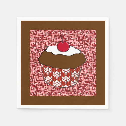 Chocolate Cupcake on Red and White Pattern Napkins