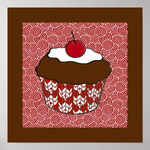 Chocolate Cupcake on Red and White Pattern Poster