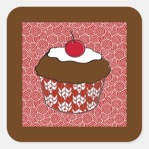 Chocolate Cupcake on Red and White Pattern Square Sticker