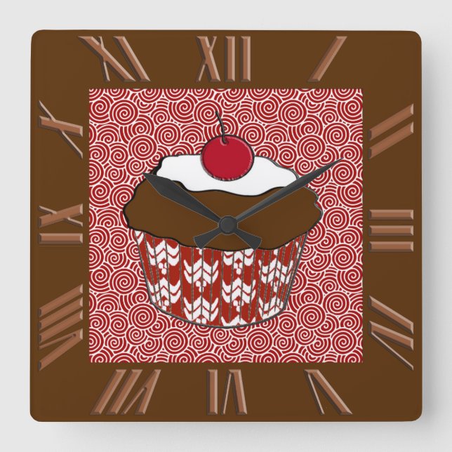 Chocolate Cupcake on Red and White Pattern Square Wall Clock (Front)