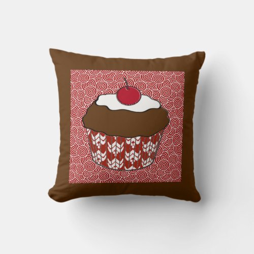 Chocolate Cupcake on Red and White Pattern Throw Pillow