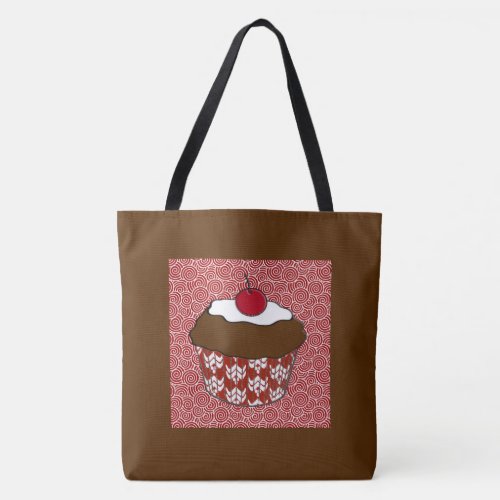 Chocolate Cupcake on Red and White Pattern Tote Bag