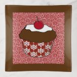 Chocolate Cupcake on Red and White Pattern Trinket Tray