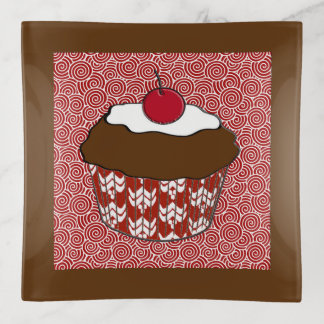 Chocolate Cupcake on Red and White Pattern Trinket Tray