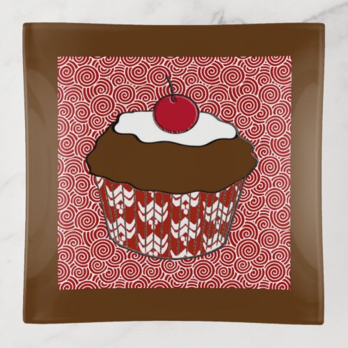 Chocolate Cupcake on Red and White Pattern Trinket Tray