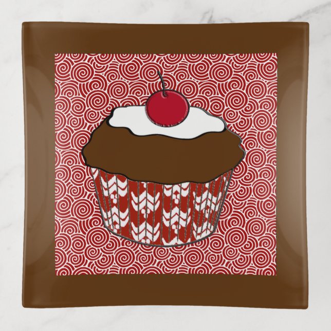 Chocolate Cupcake on Red and White Pattern Trinket Tray (Front)