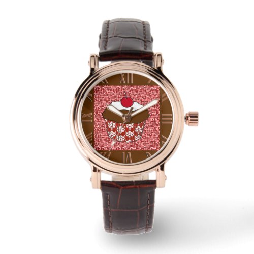 Chocolate Cupcake on Red and White Pattern Watch