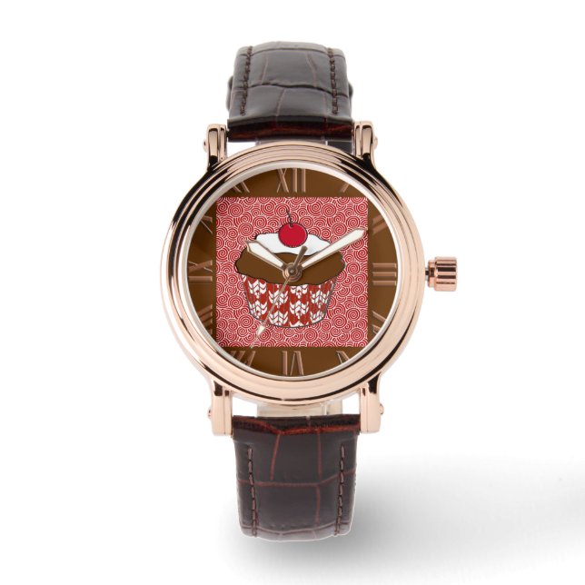 Chocolate Cupcake on Red and White Pattern Watch (Front)