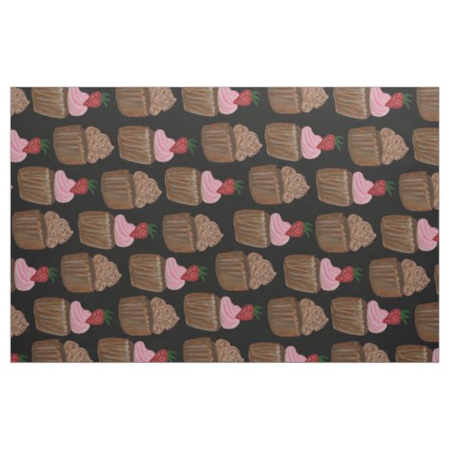 Chocolate Cupcake Strawberry Pattern Black Fabric