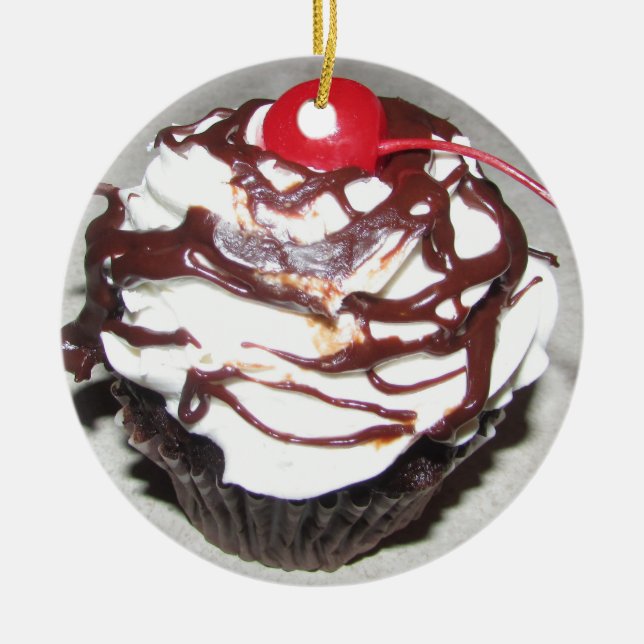 Chocolate Cupcake with Cherry Christmas Ceramic Ornament (Front)