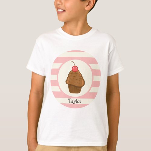 Chocolate Cupcake with Cherry  Pink Stripes T_Shirt